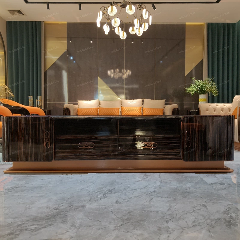 Elegant TV Stand with Natural Wood Veneer, Marble Top, Stainless Steel Frame and Concealed Storage Compartments